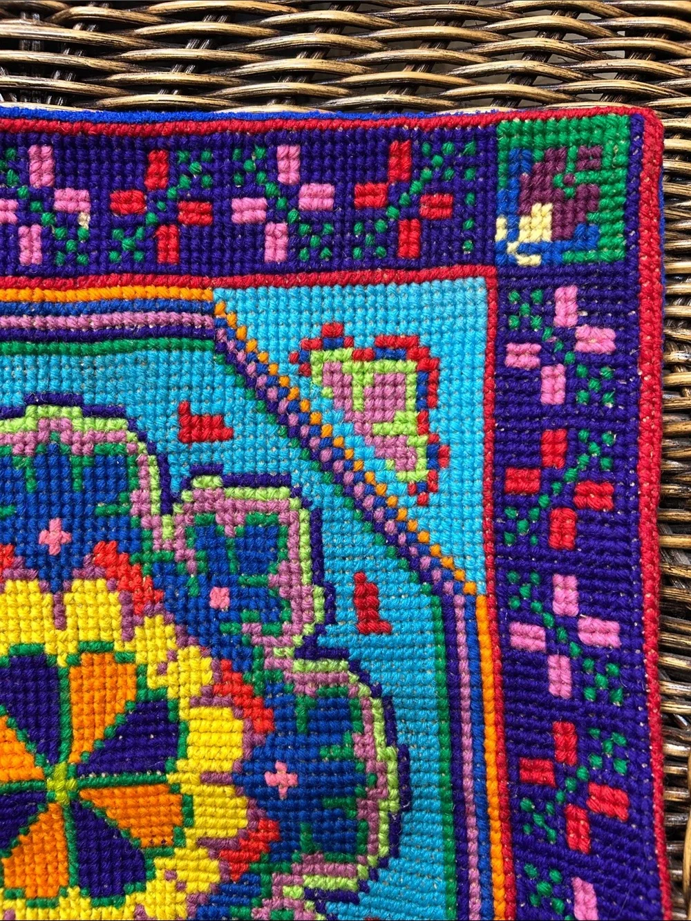Vintage Ukrainian Multicolor Floral Needlepoint Pillowcase Turquoise, Purple